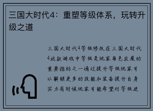 三国大时代4：重塑等级体系，玩转升级之道